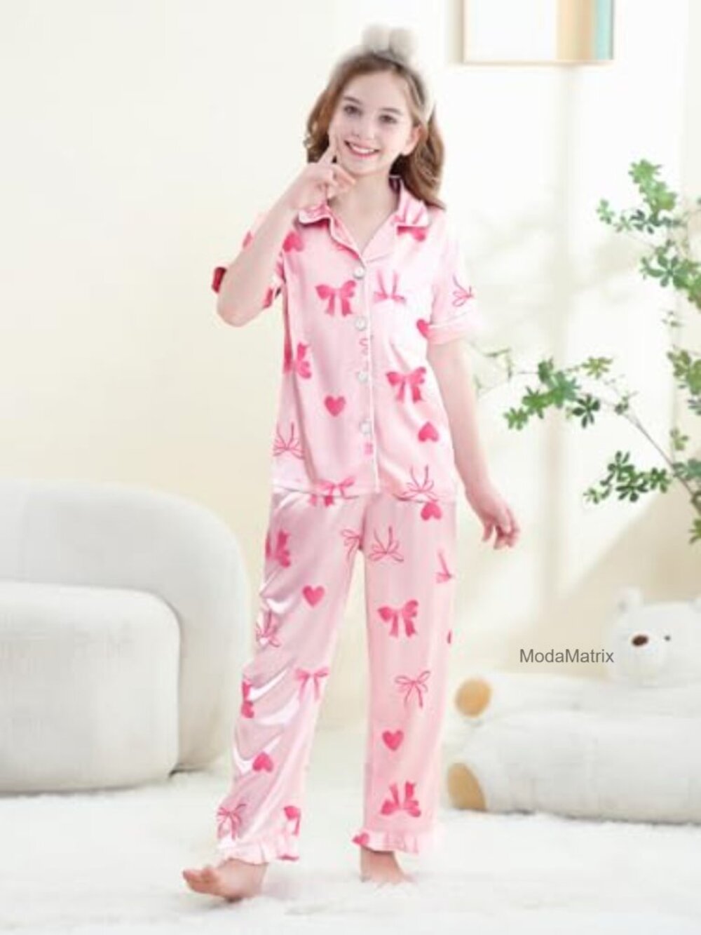 Girls Silk Satin Pajama Set 2 Piece Short Sleeve Button Down Pjs Sleepwear - Picture 2 of 6